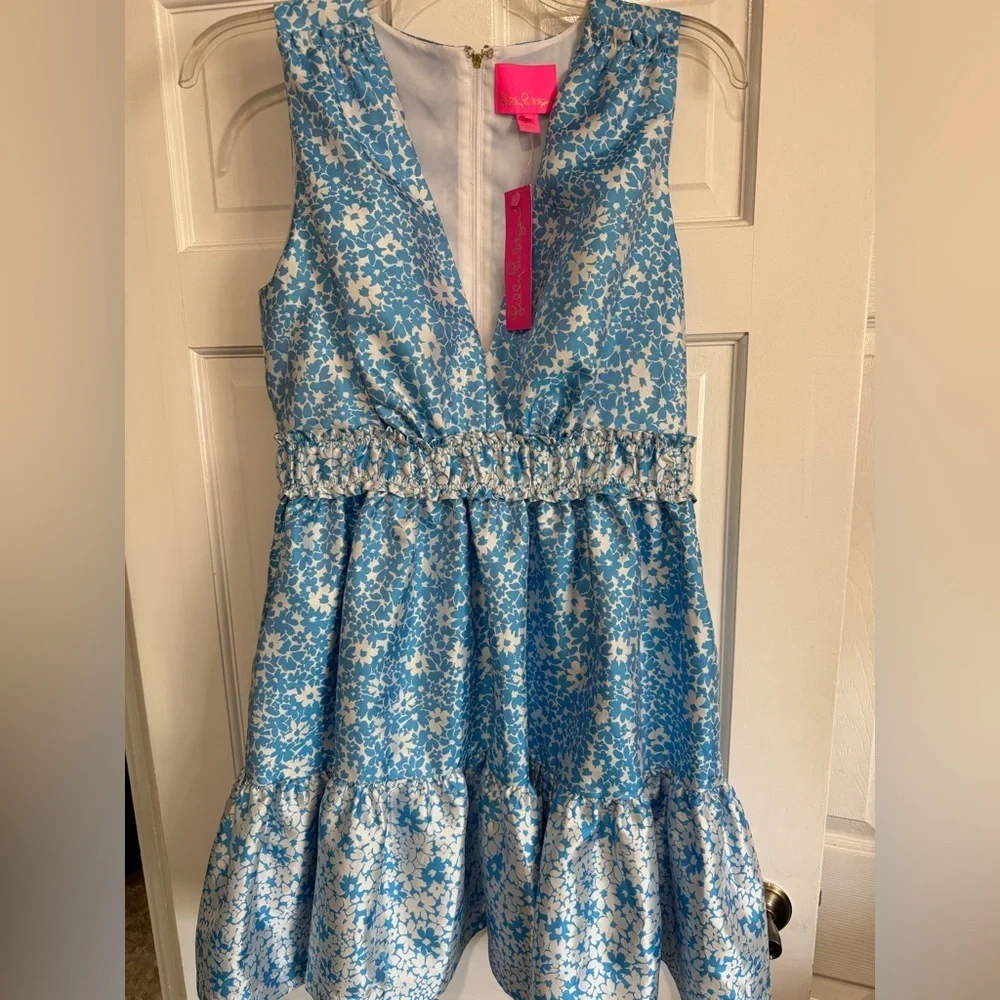 Lilly Pulitzer Fabiana Dress V Neck Jacquard Midi Lunar/Baby Blue Wh Floral NWT